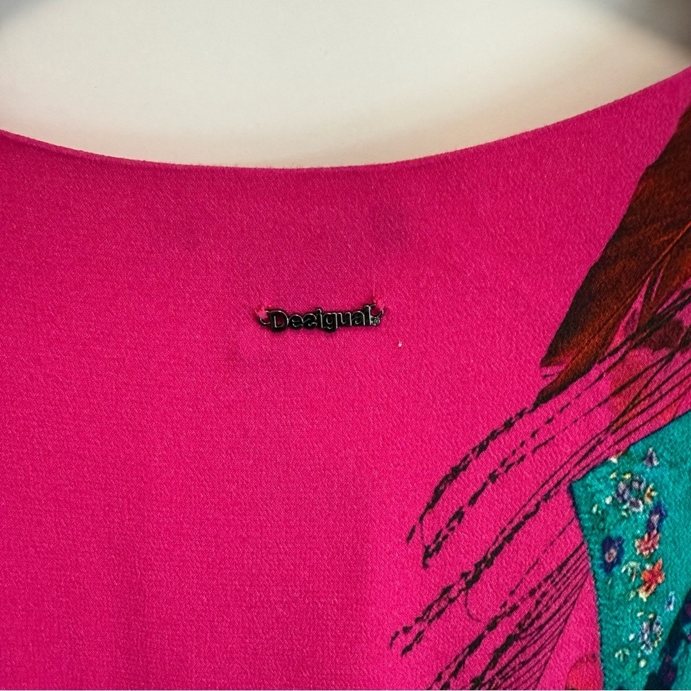 NWT DESIGUAL Pink & Teal Feather Print Shift Dress Women’s Size 2 - Picture 10 of 10